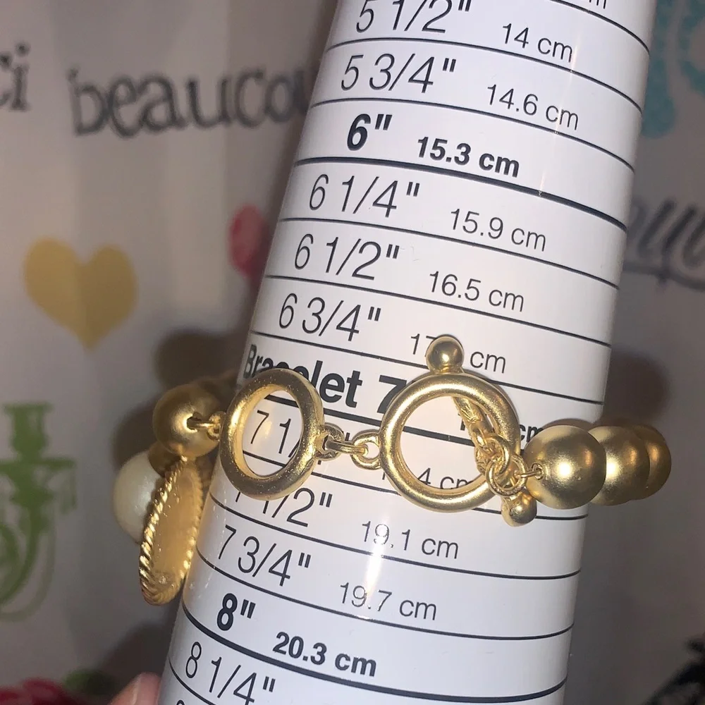 Karine Sultan Elegant Gold Beaded Bracelet with Pearl and Coin Charm - Picture 4 of 11